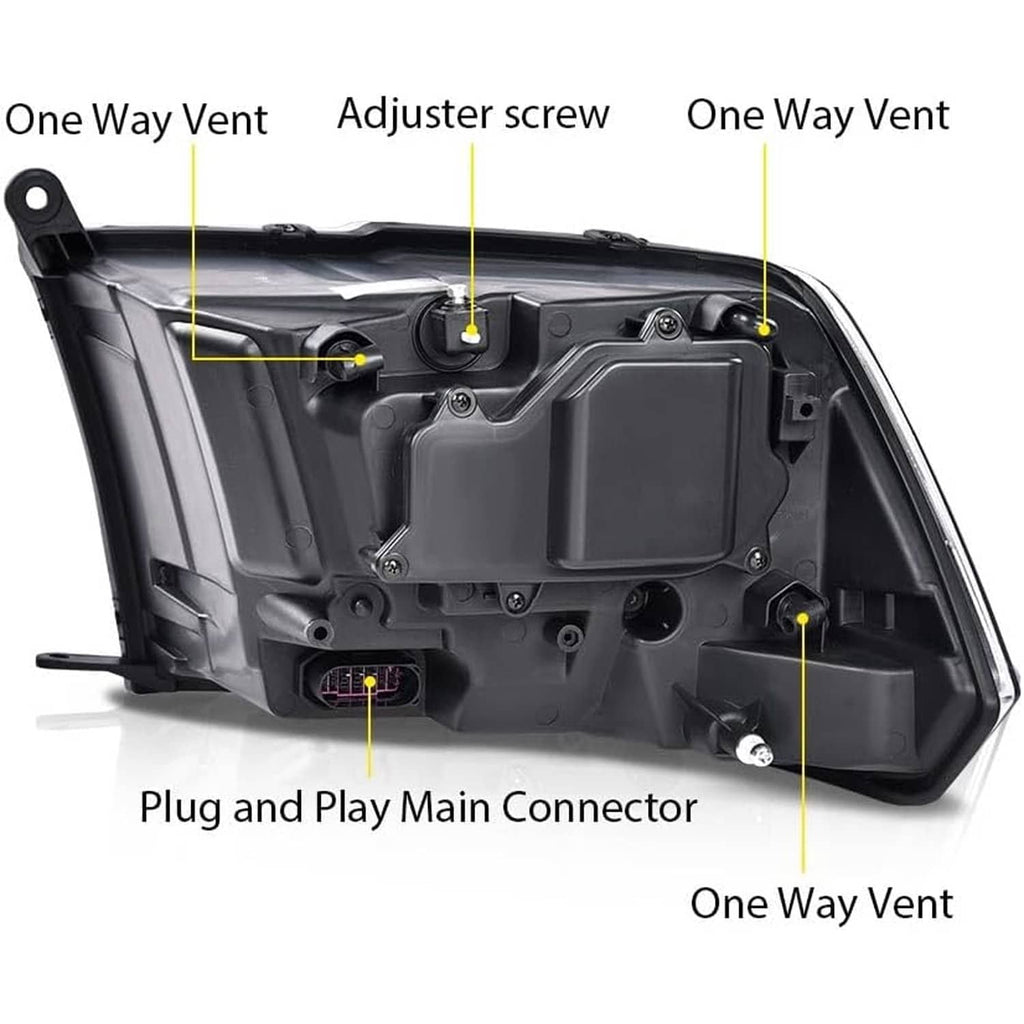 Projector headlight housing with vent and plug-and-play main connector, dark gray interior