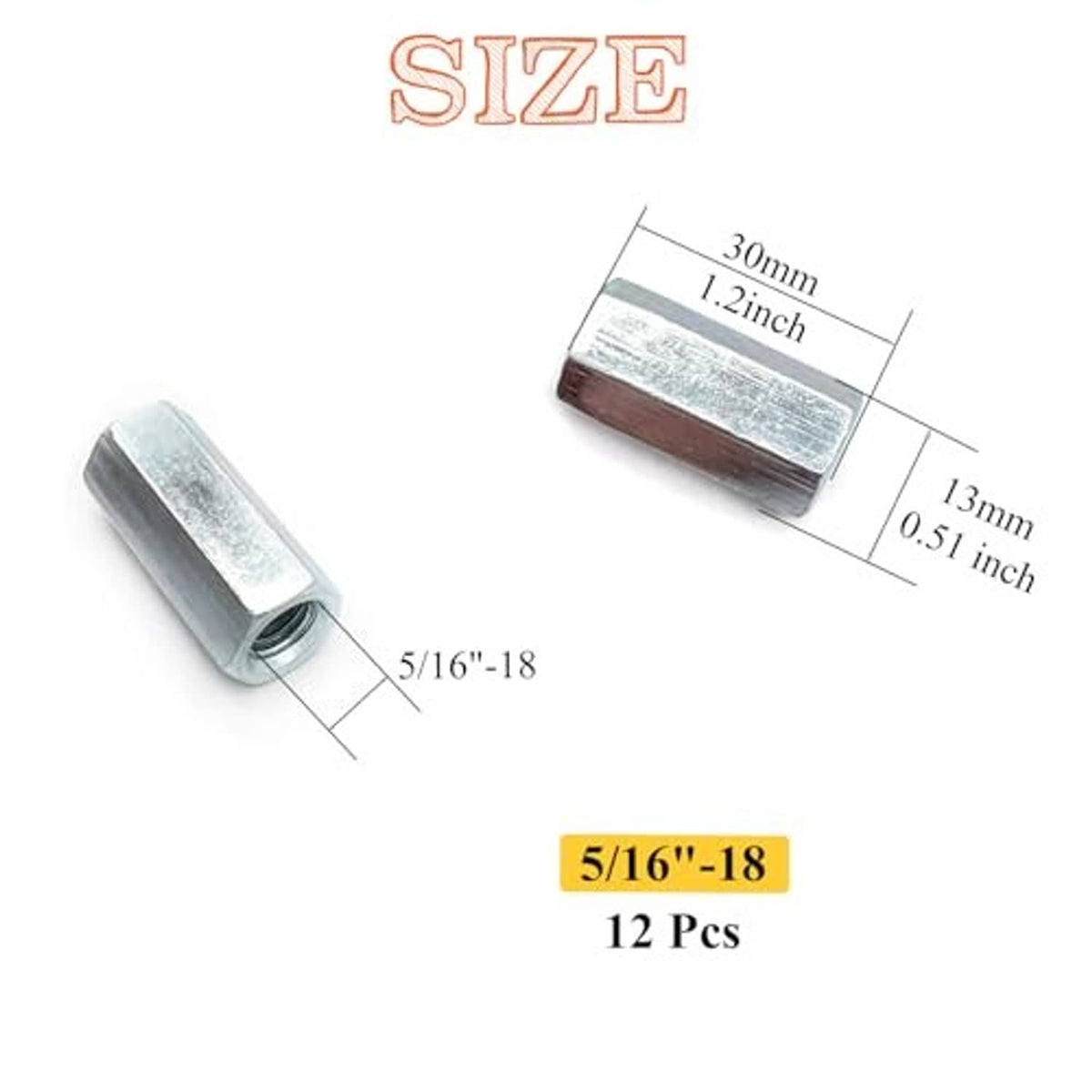 Silver 5/16-18 hex coupling nut dimensions diagram with threaded interior