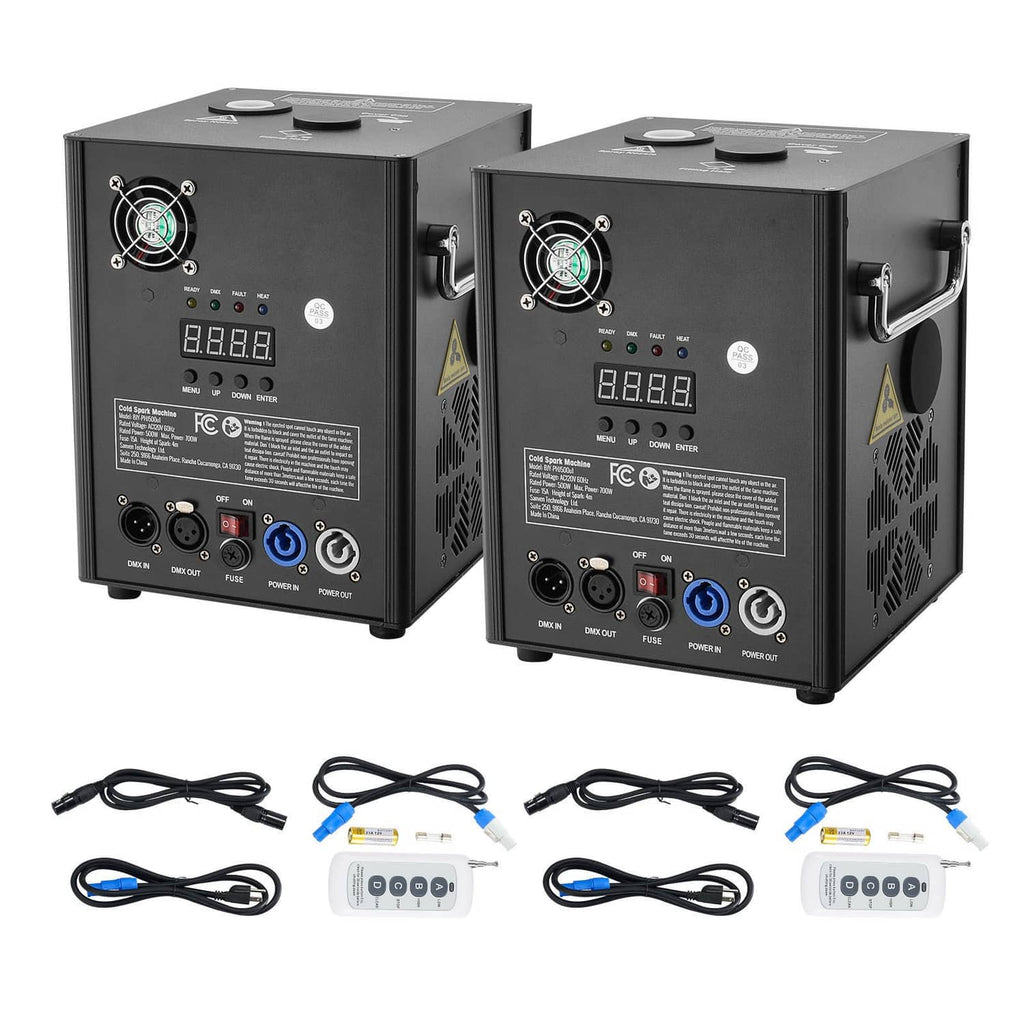 Two black cold spark machines with front control panels and attached cables