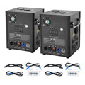 Two black cold spark machines with front control panels and attached cables