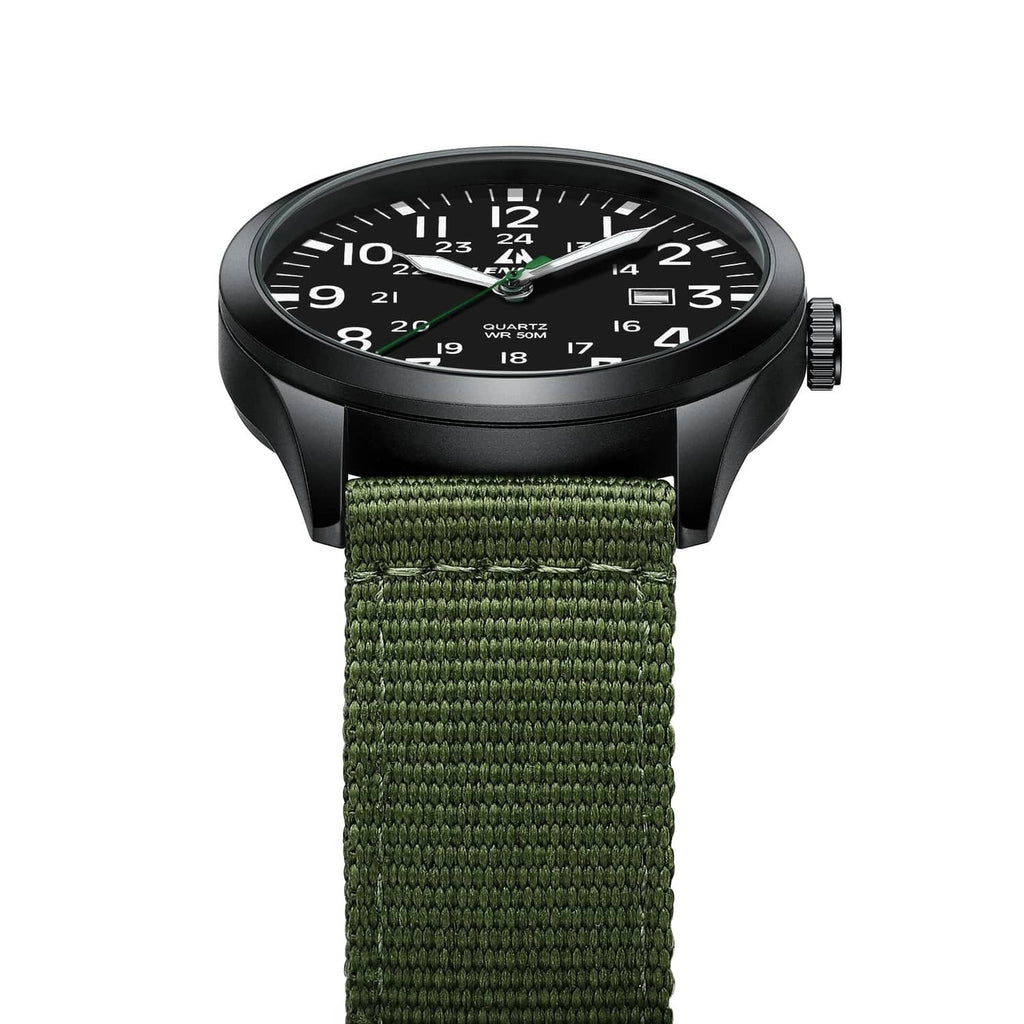 Men's military sport analog watch, front view with black case and green woven nylon strap