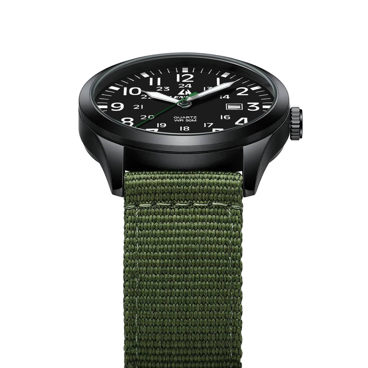 Men's military sport analog watch, front view with black case and green woven nylon strap
