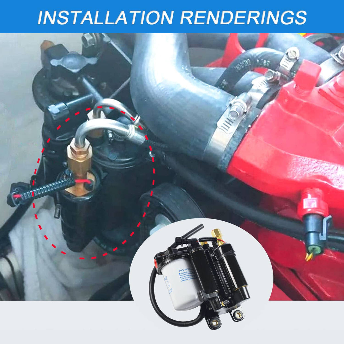 Electric fuel pump assembly shown installed near fuel hoses, black pump and brass fitting