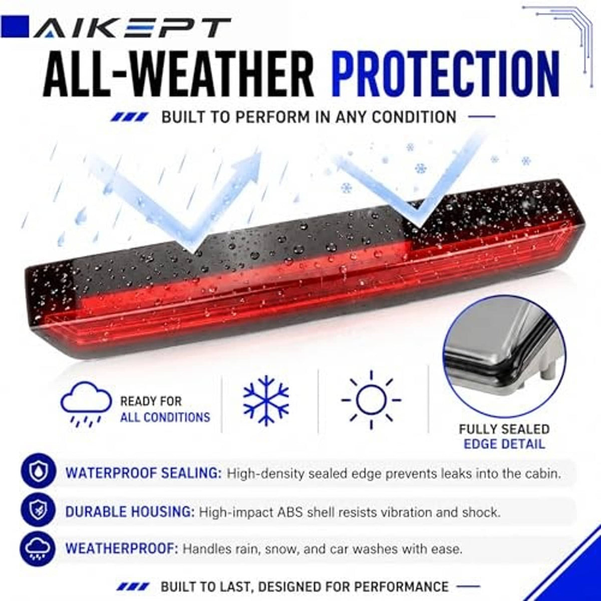 Weatherproof LED stop light bar with red lens and black ABS housing