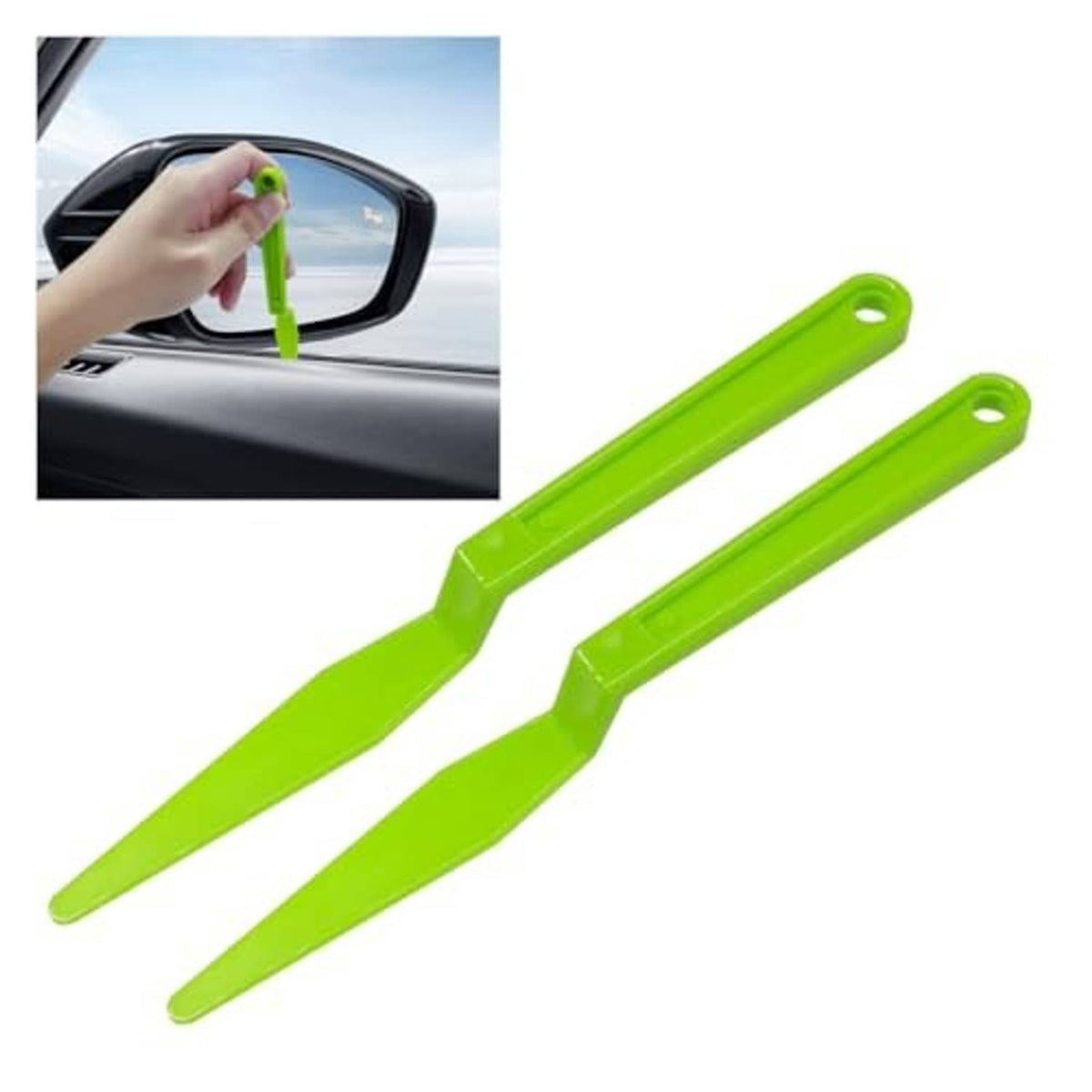 Two bright green tint squeegee tools, long handles with circular hanging holes