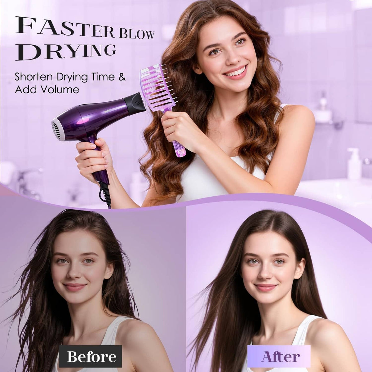 Purple detangling hair brush beside a handheld hair dryer for faster blow-drying
