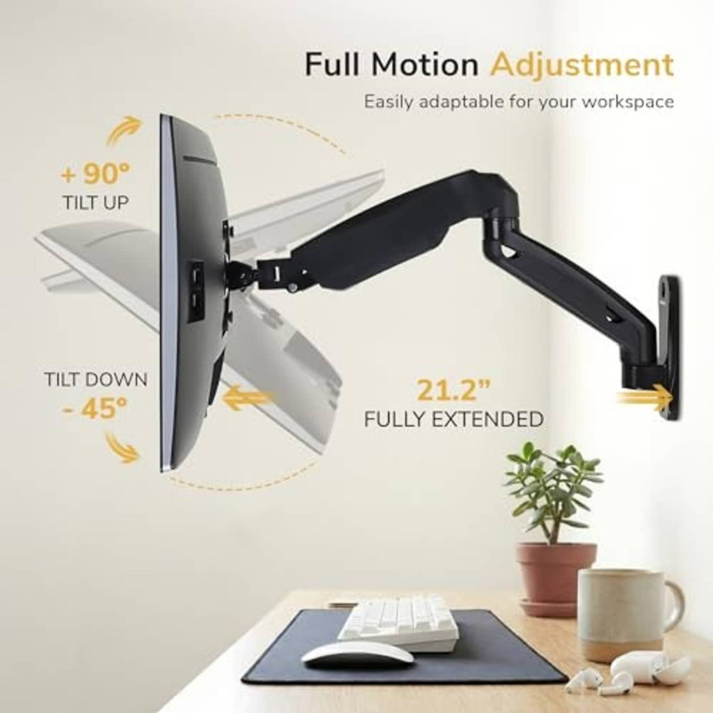 Full-motion monitor wall mount with long extended swing arm and tilt adjustment
