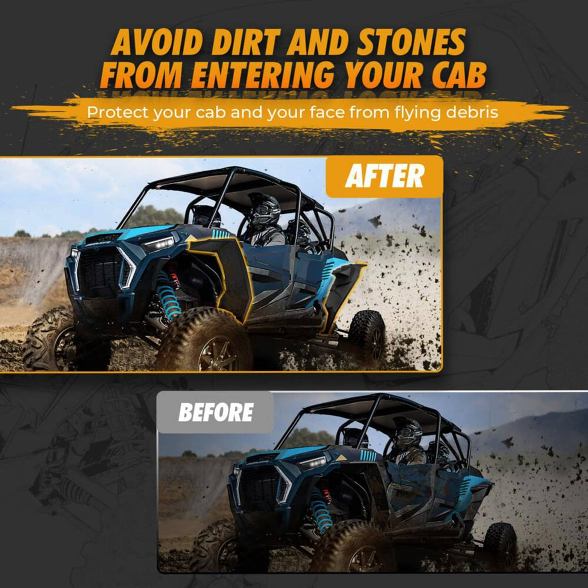 Graphic showing UTV before and after with black fender flares blocking debris