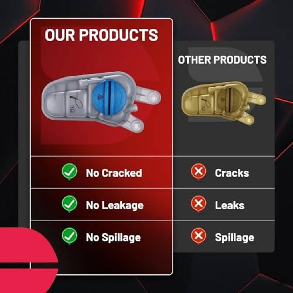 Coolant reservoir quality comparison graphic: no cracks, no leaks, no spillage