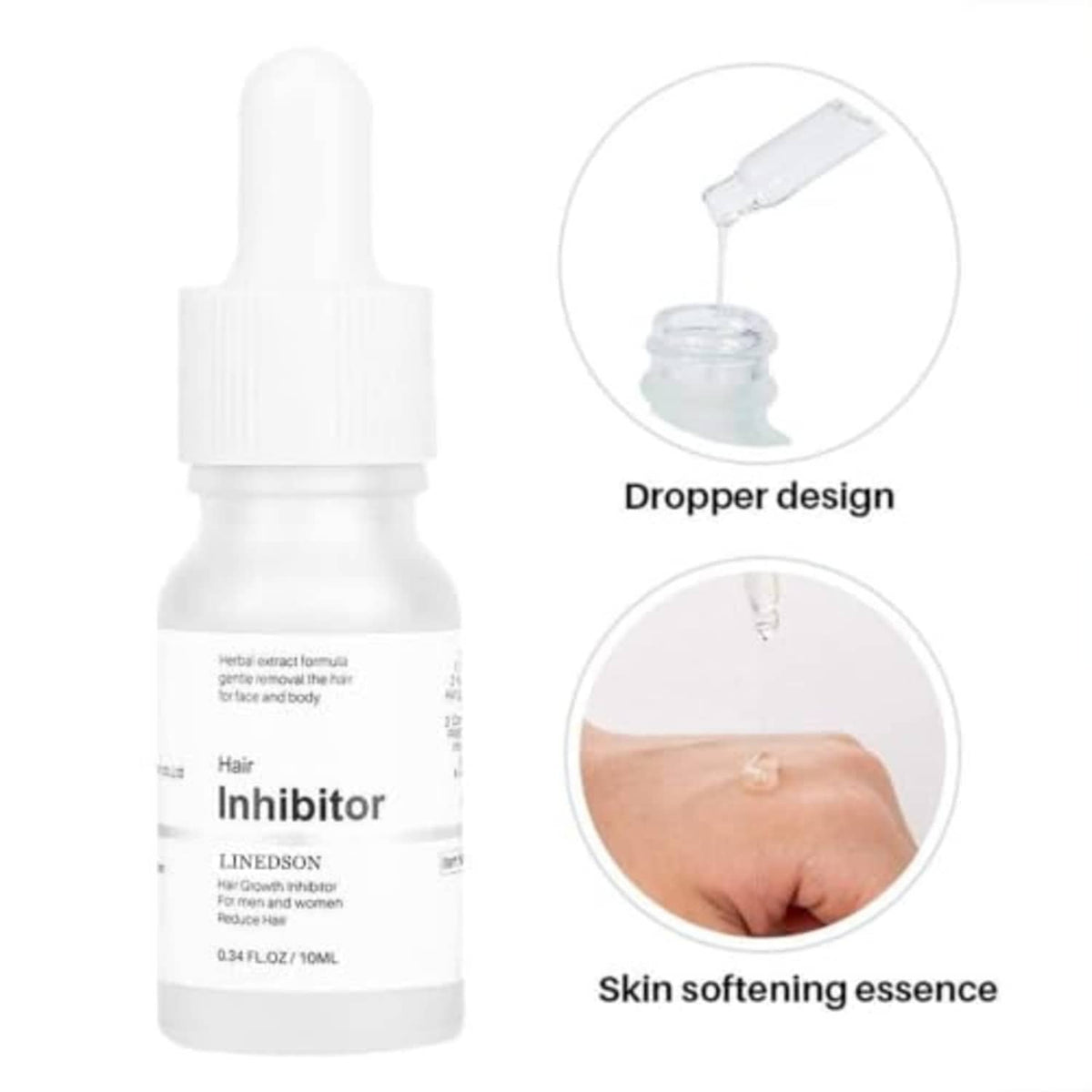 Hair growth inhibitor serum bottle with dropper tip dispensing clear gel