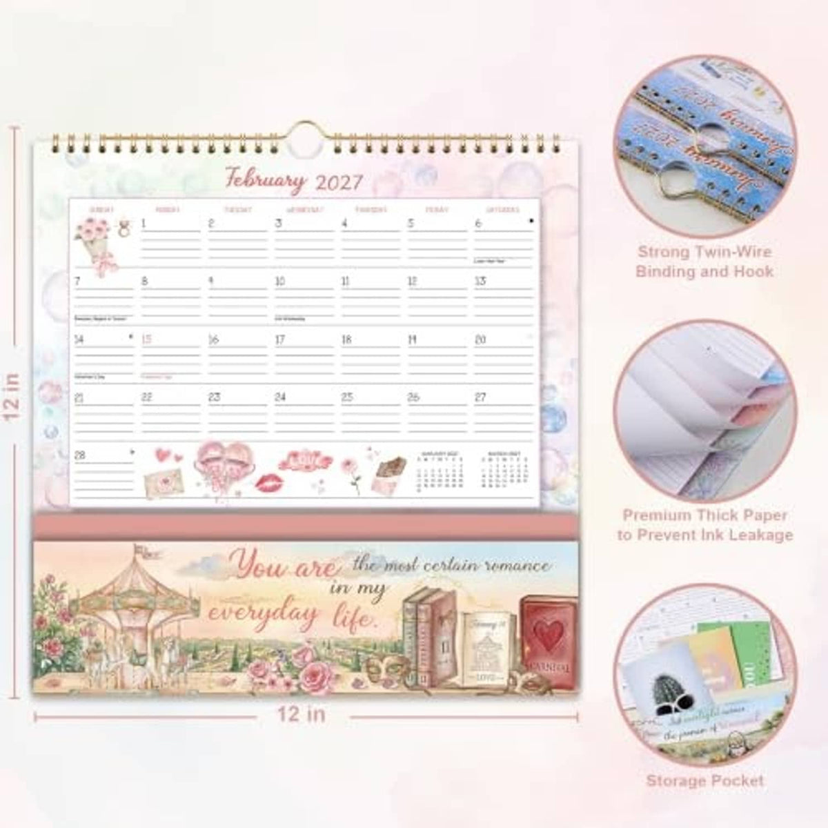 Blue February 2027 wall calendar with storage pocket and pastel garden-themed bottom panel