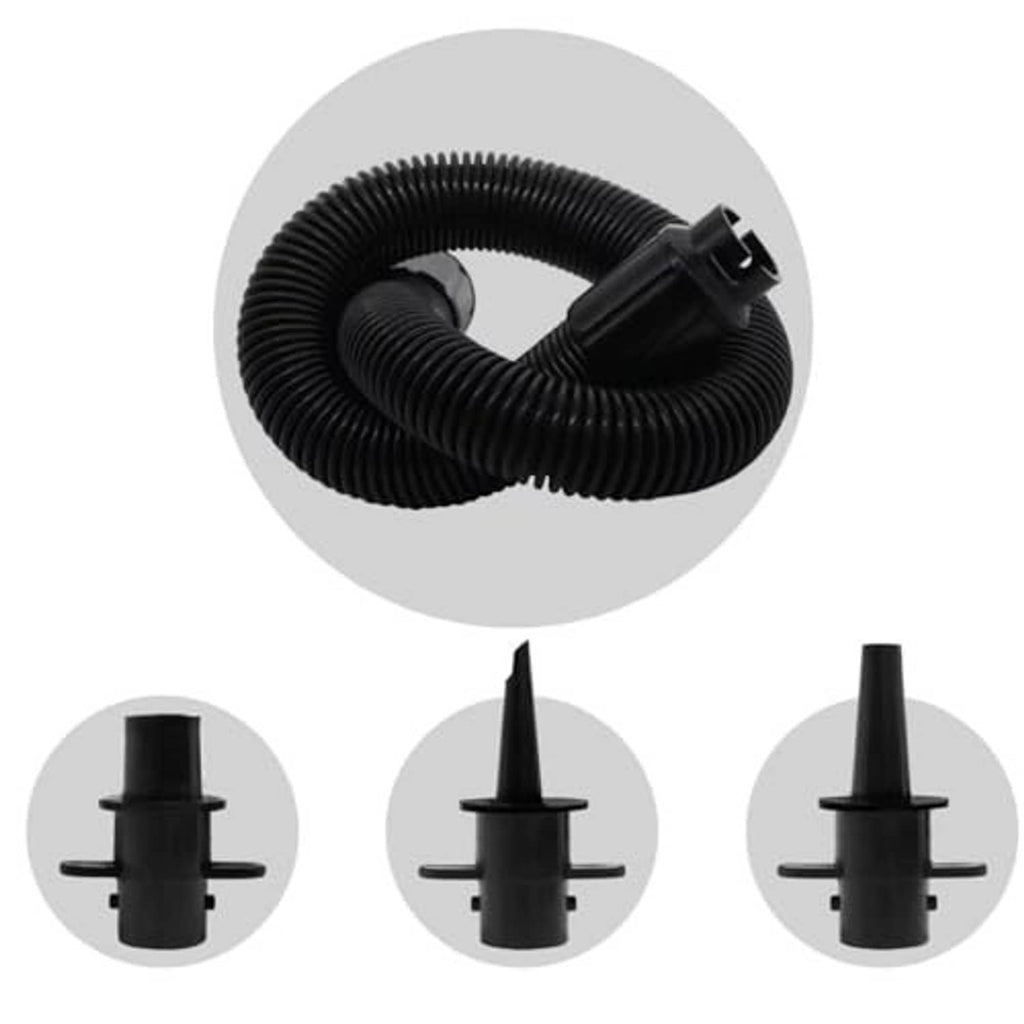 Coiled air pump hose with three nozzle tips for inflation and deflation