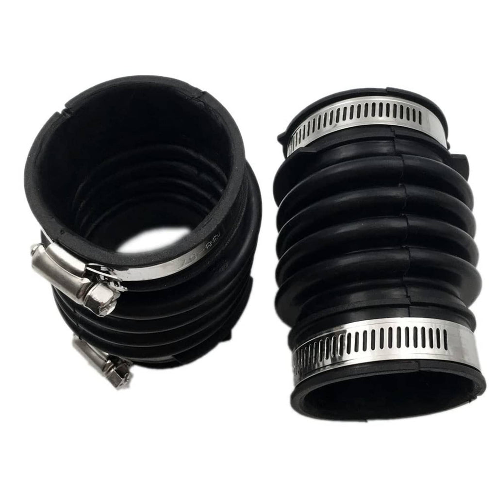 Black corrugated air intake hoses with silver clamps, open-end close-up, 2-piece