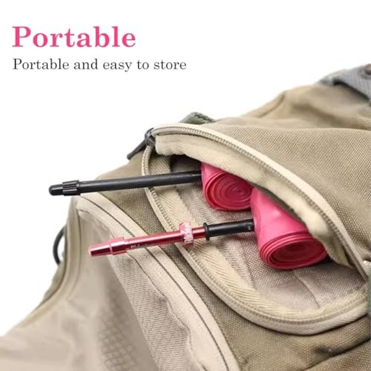 Portable storage shown with TPU inner tubes and red Presta valves rolled up in pouch