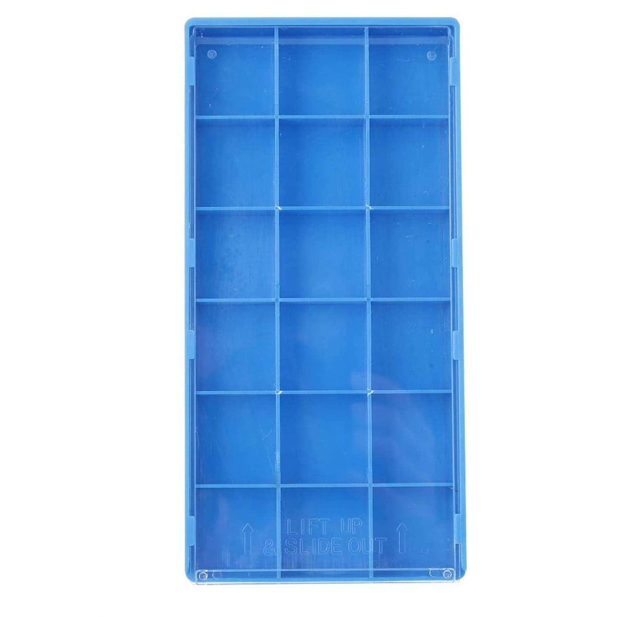 Blue plastic watch parts organizer box with front grid of compartments
