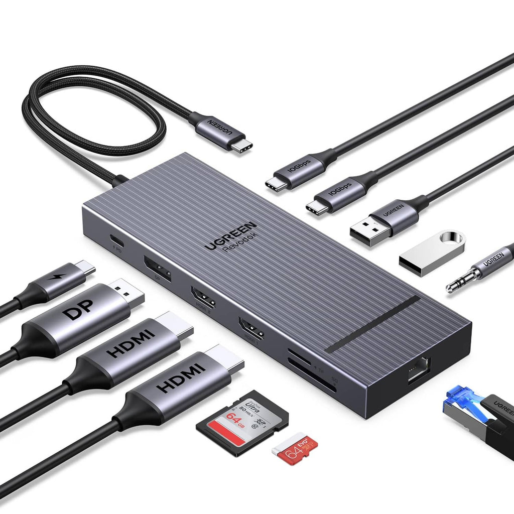 UGREEN grey USB-C docking station with multiple display outputs and USB ports