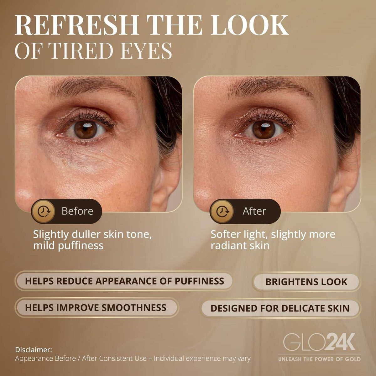 Before-and-after close-up eye care results with puffiness and smoothness callouts