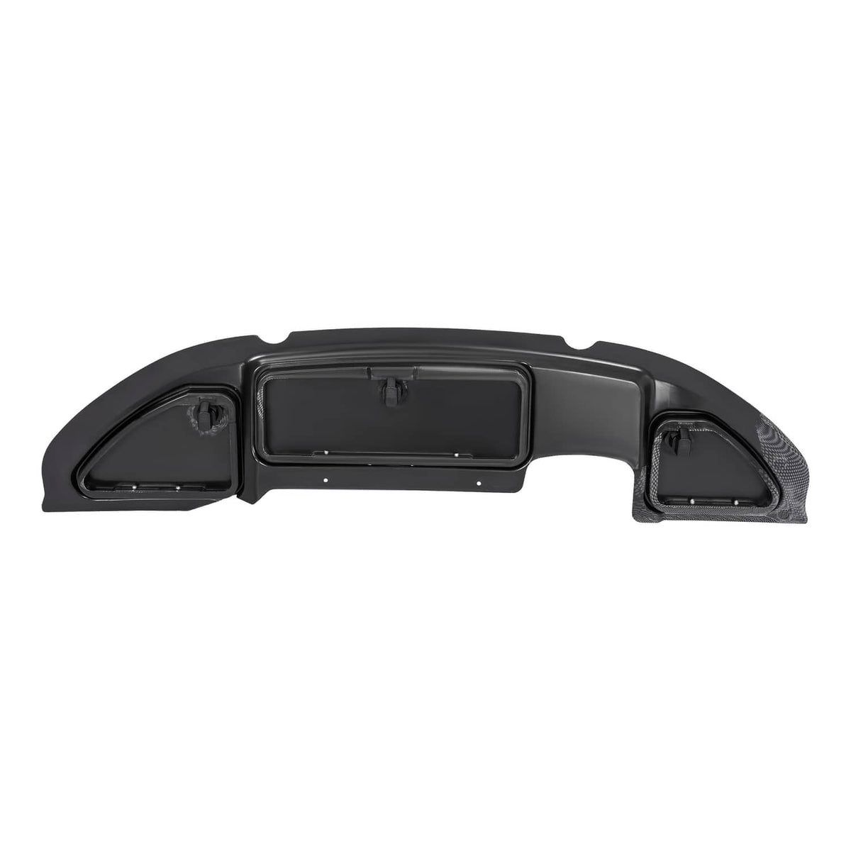 Front view of carbon fiber dash kit panel with central rectangular opening and corner mounts