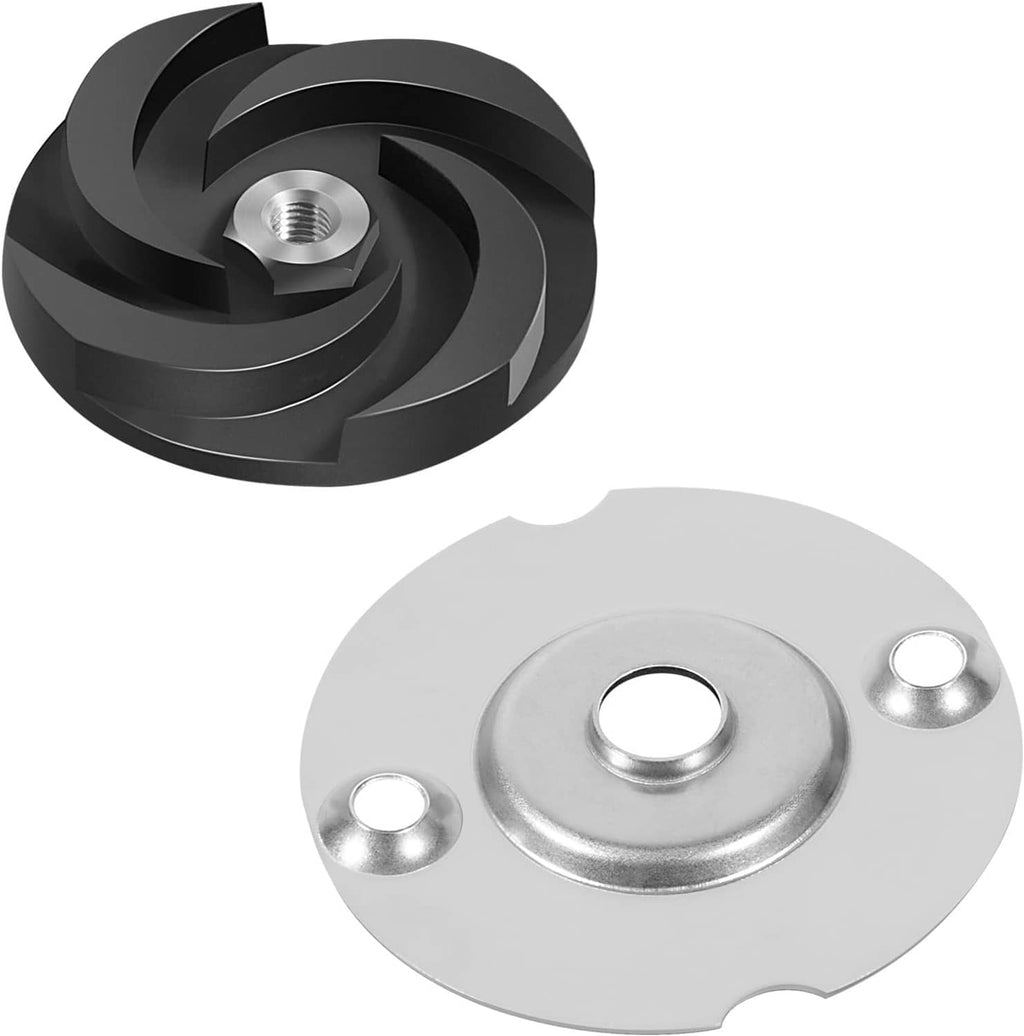 Black impeller and silver seal plate with mounting holes for pump rebuild kit