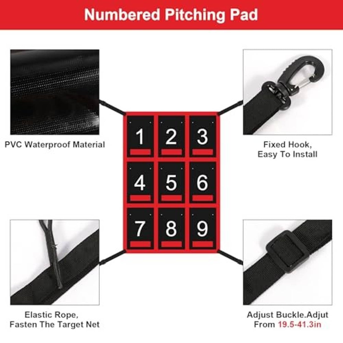 Numbered strike zone target net with red frame, black squares 1–9, and strap details