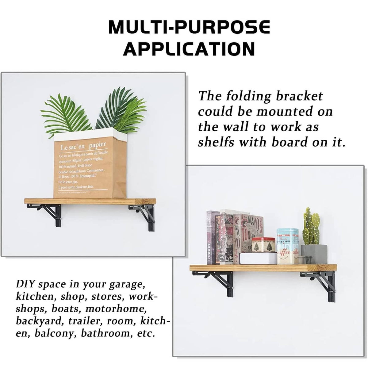 Black folding shelf brackets holding a wooden shelf board on wall mounts
