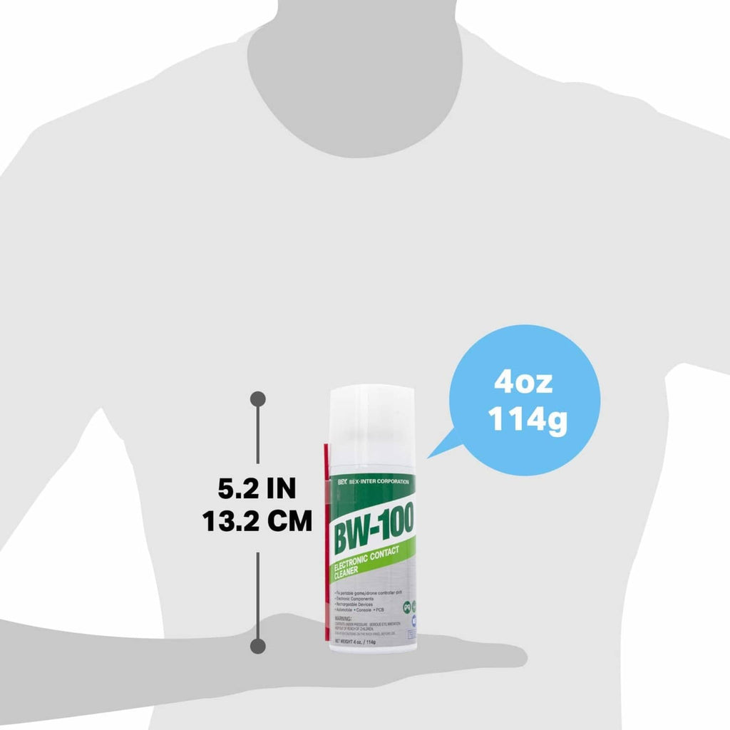 BW-100 electronic contact cleaner size diagram showing 4 oz (114 g)