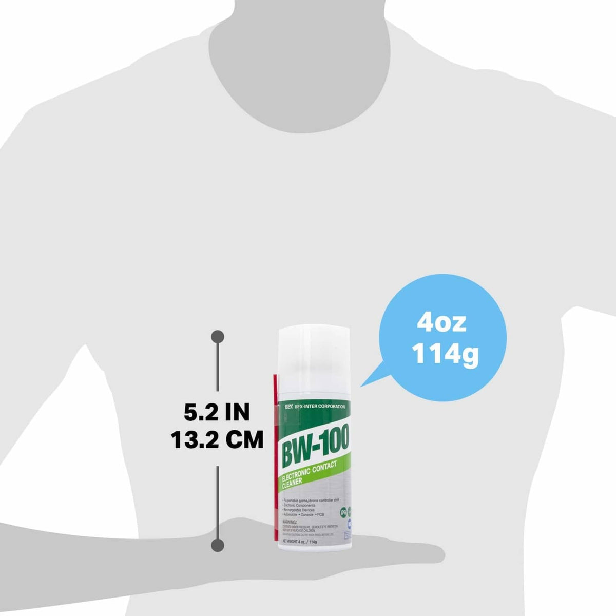 BW-100 electronic contact cleaner size diagram showing 4 oz (114 g)