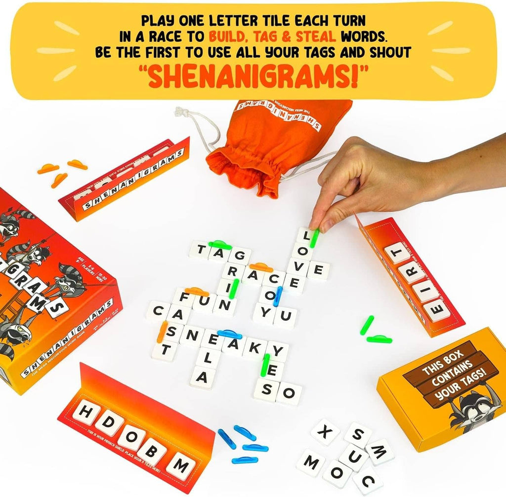 Shenanigrams word game letters on table with orange bag and tag cards