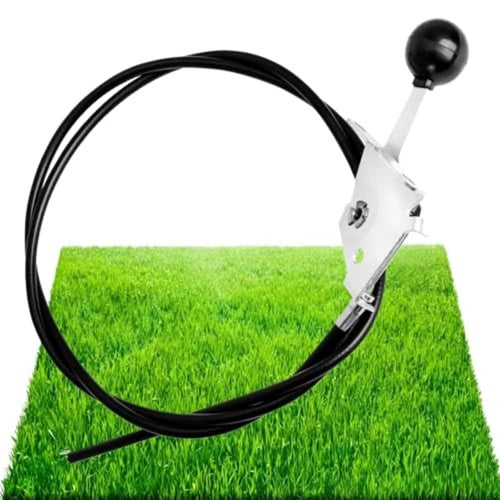 Throttle control cable assembly with black cable loop, silver mounting lever, and round black knob