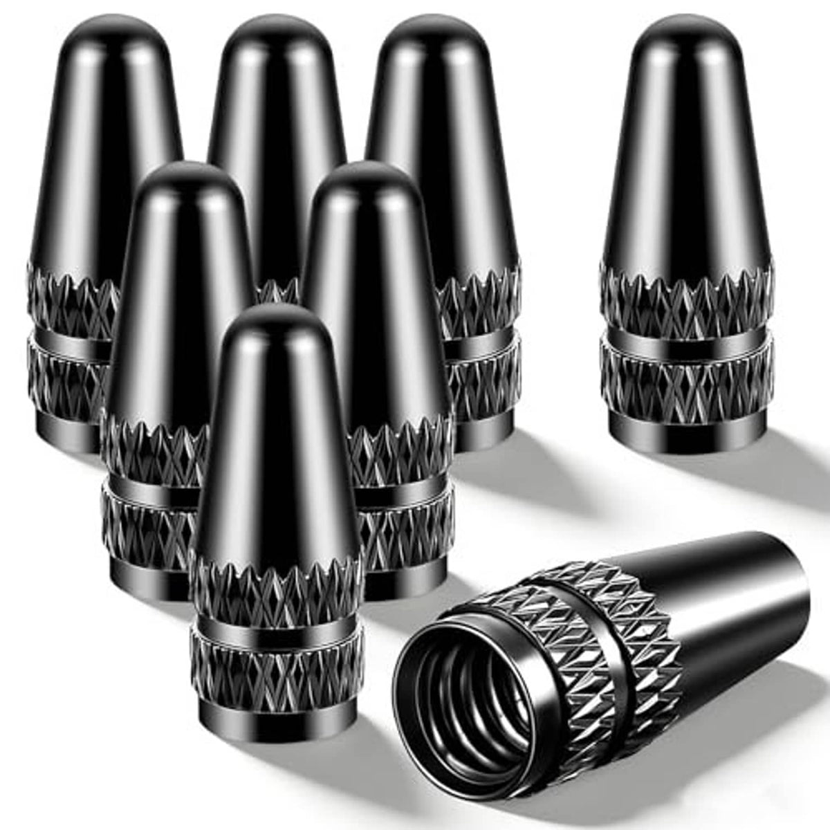 8 black Presta valve stem caps in glossy finish with knurled grip pattern