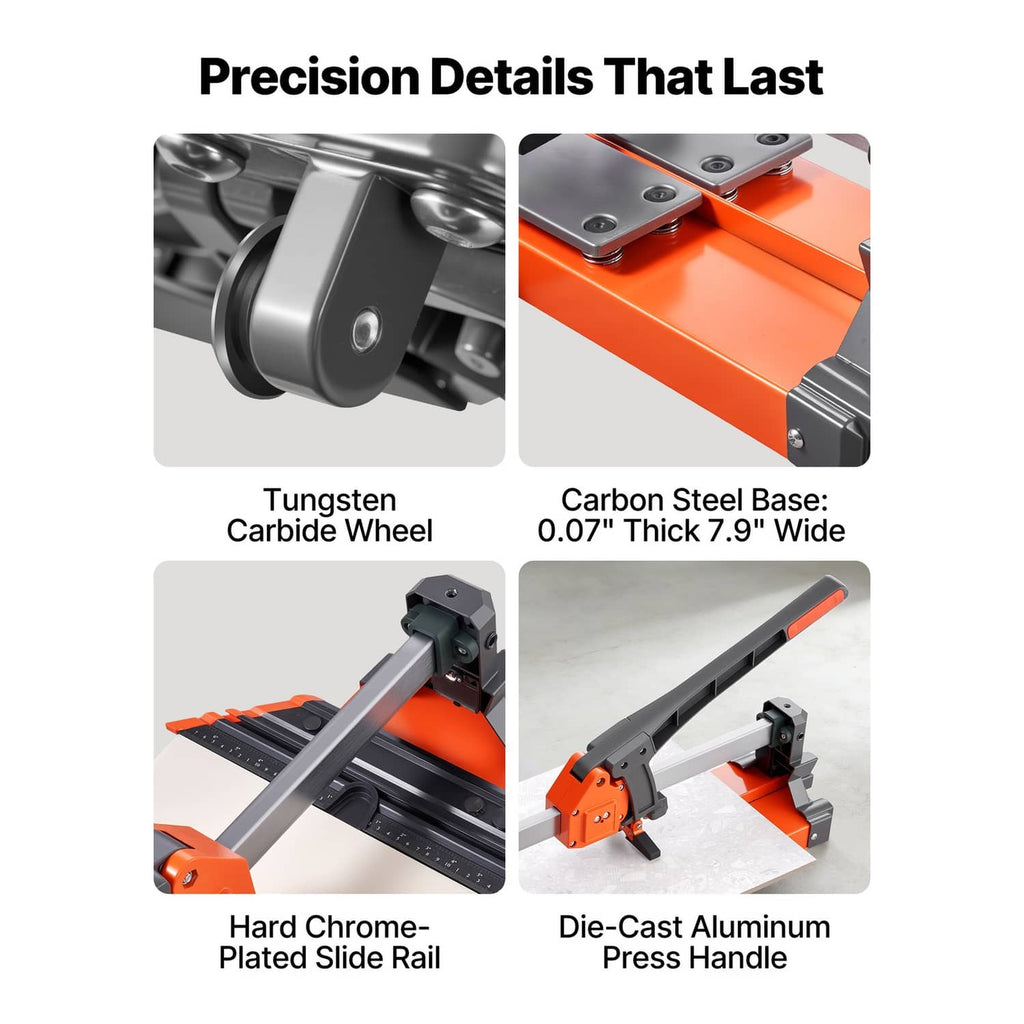 Tile cutter precision details: tungsten carbide wheel, chrome rail, and press handle
