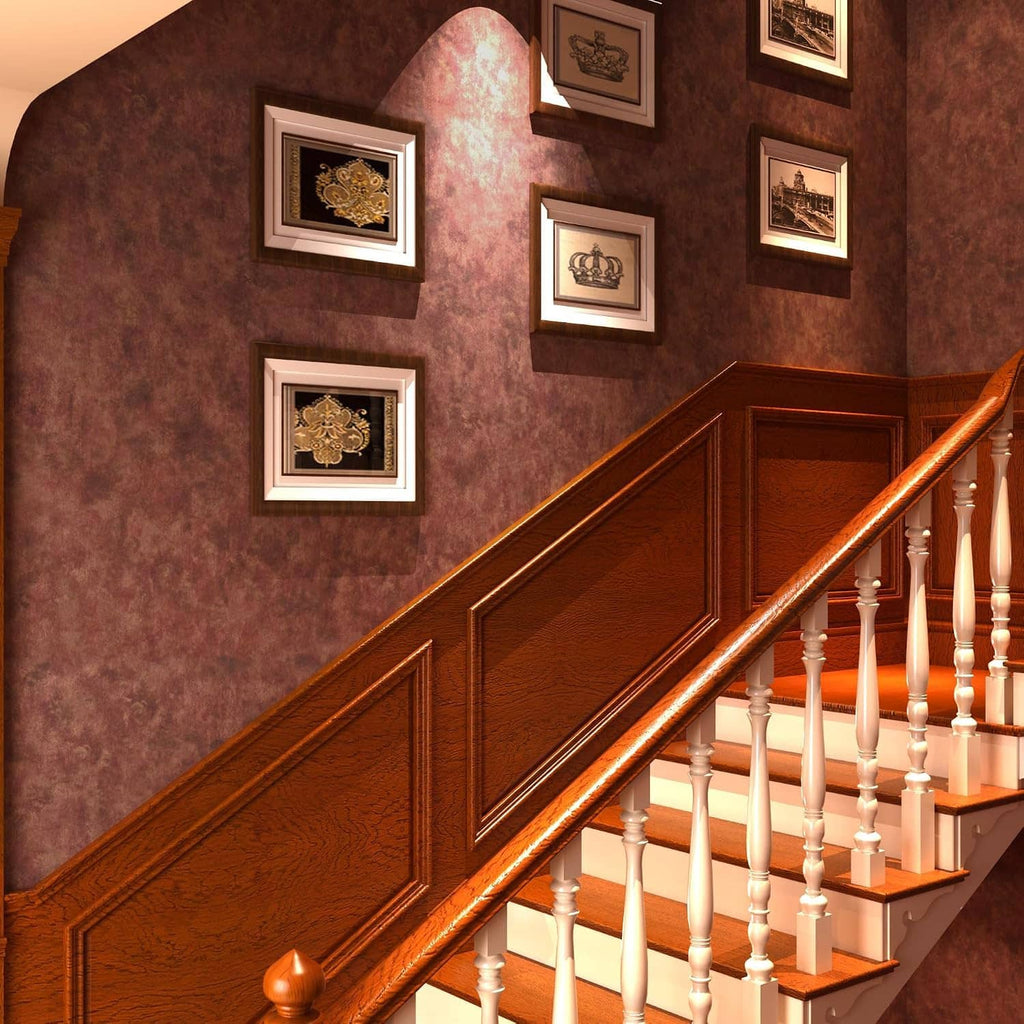 Burgundy metallic textured peel-and-stick wallpaper on stair and upper wall area