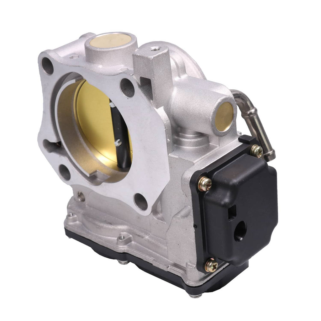 Electronic throttle body with circular throttle bore and black electrical connector, angled view