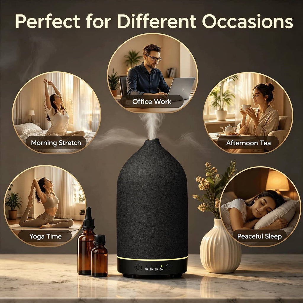Black ceramic essential oil diffuser with matte stone finish, teardrop shape