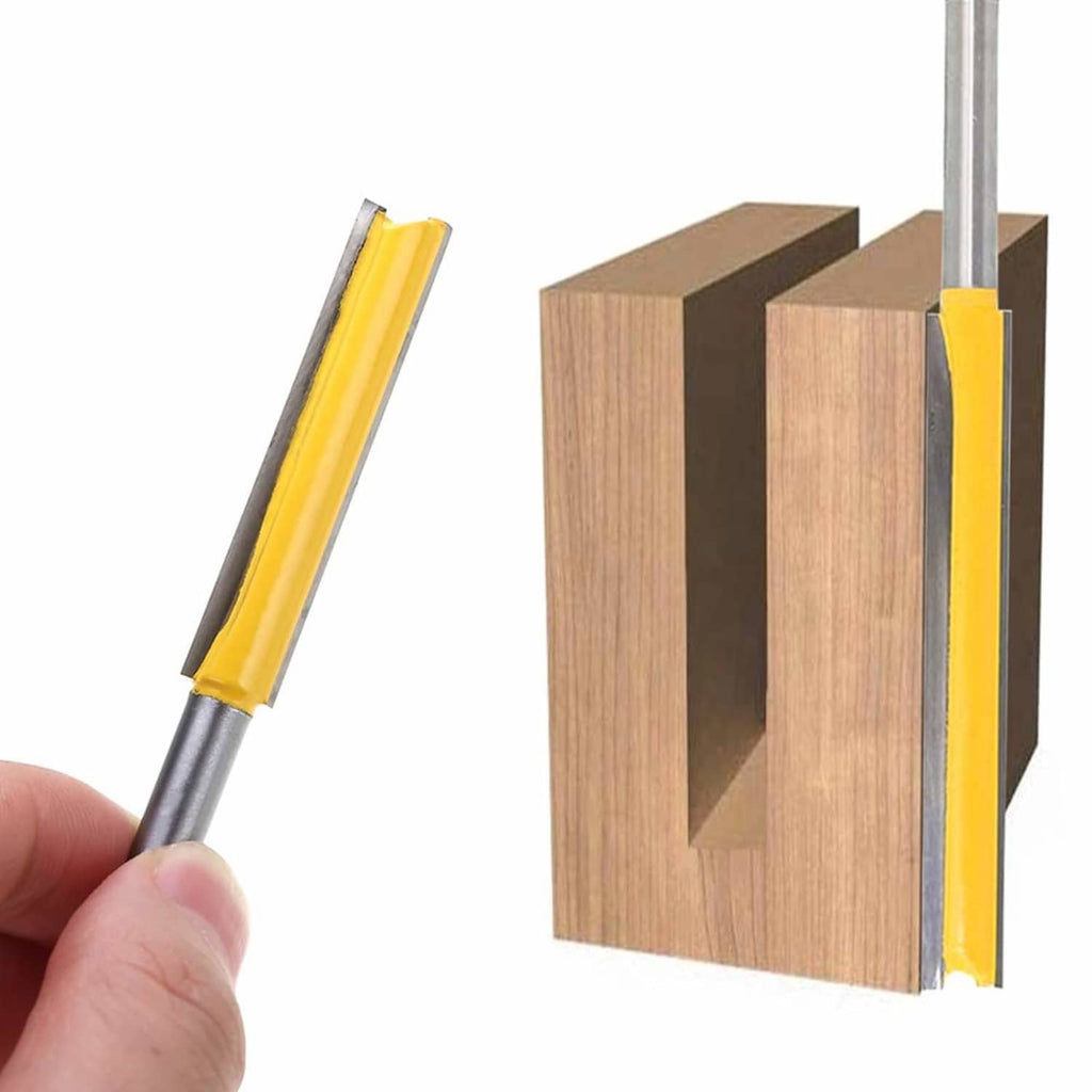 Two long straight router bits with yellow cutters and silver shanks