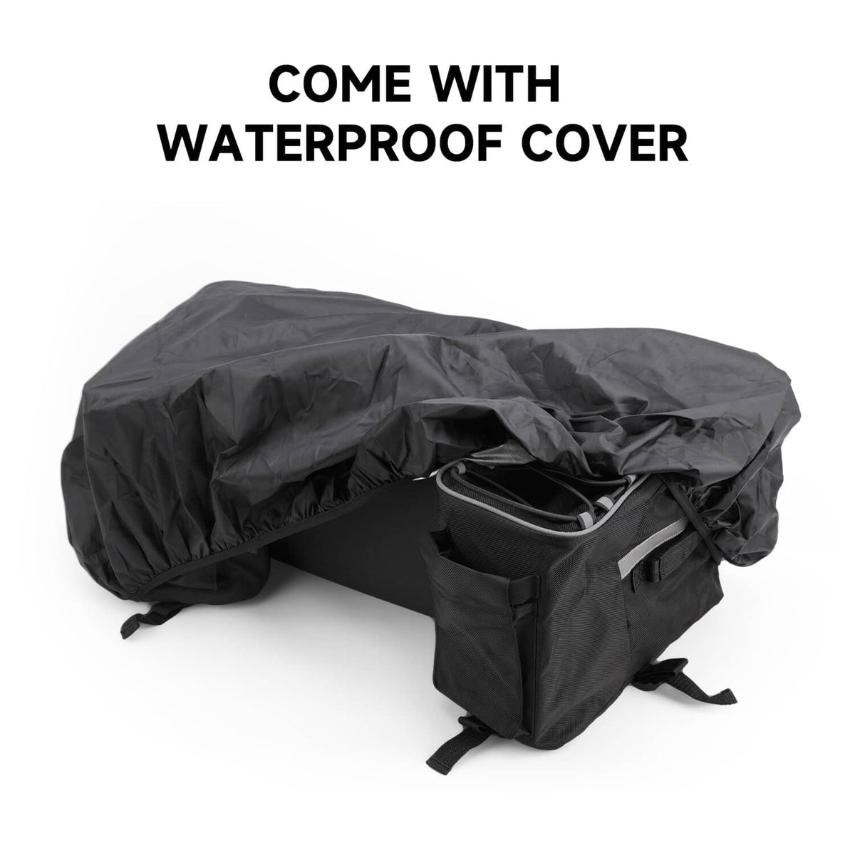 Black ATV rear rack storage bag with included waterproof cover over the main bag
