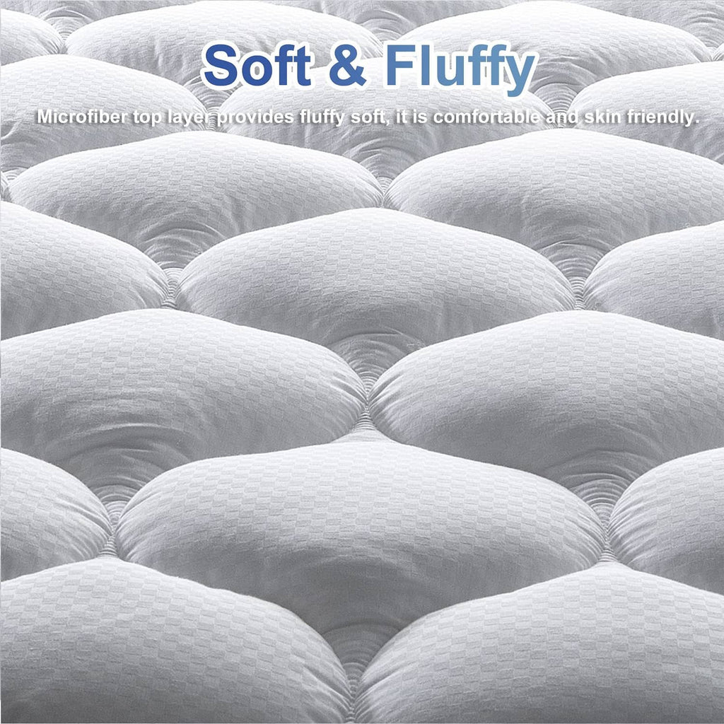 White mattress pad topper with dense quilted bubble pattern for soft, fluffy comfort