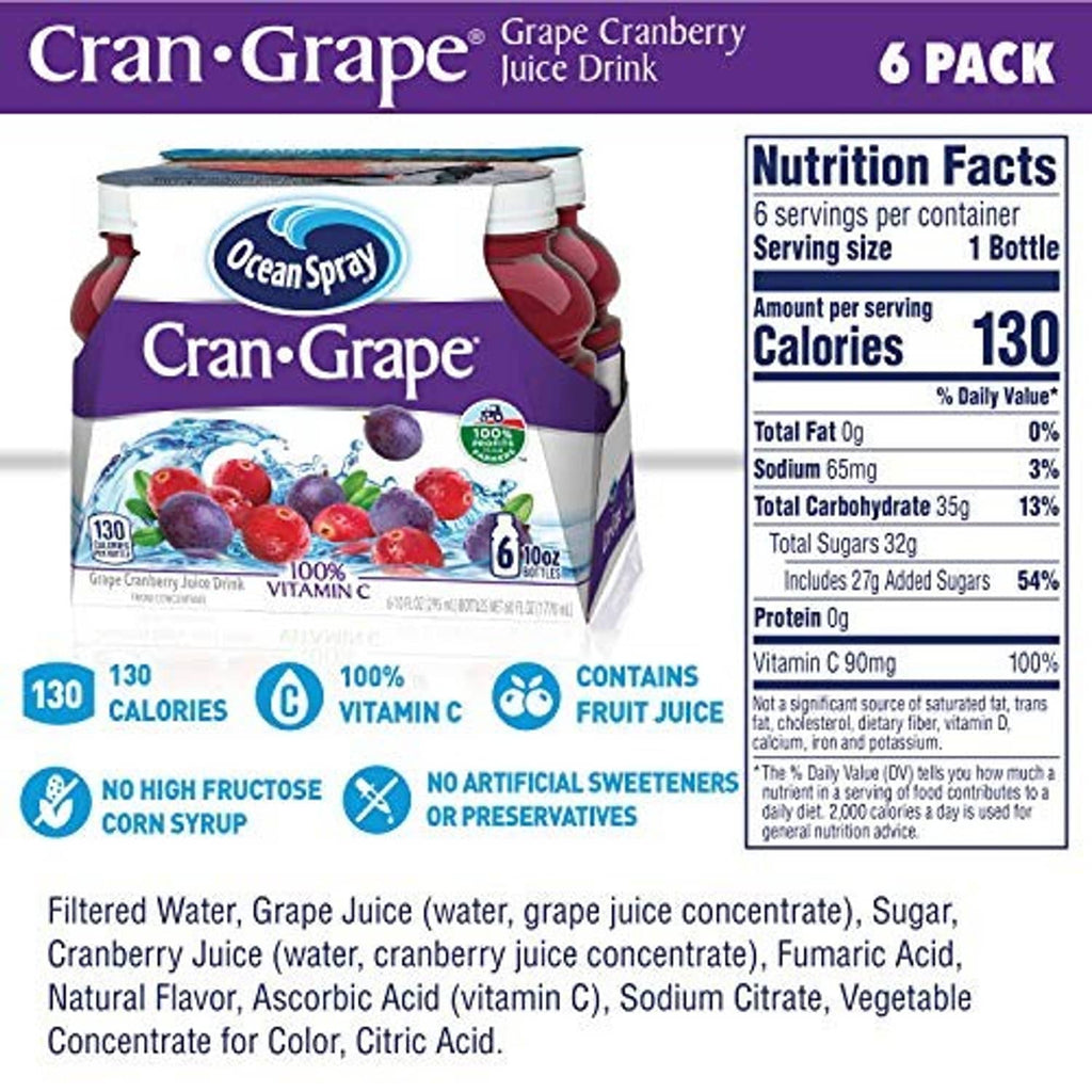 Ocean Spray Cran-Grape 6-pack carton back with Nutrition Facts and ingredients