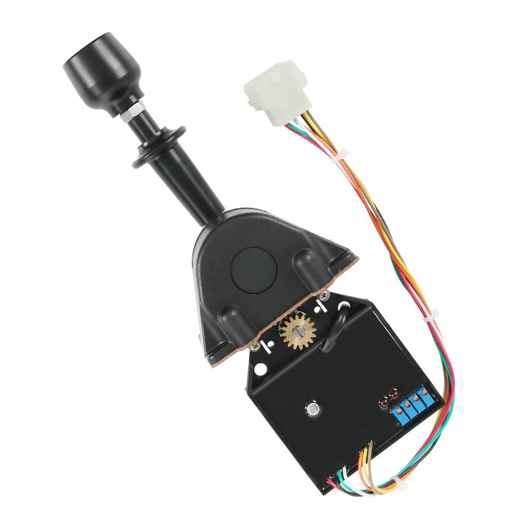 Black joystick controller module with lever, multicolor wiring harness connector