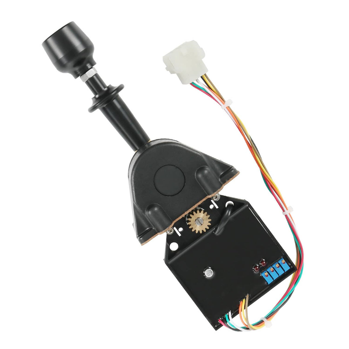 Black joystick controller module with lever, multicolor wiring harness connector