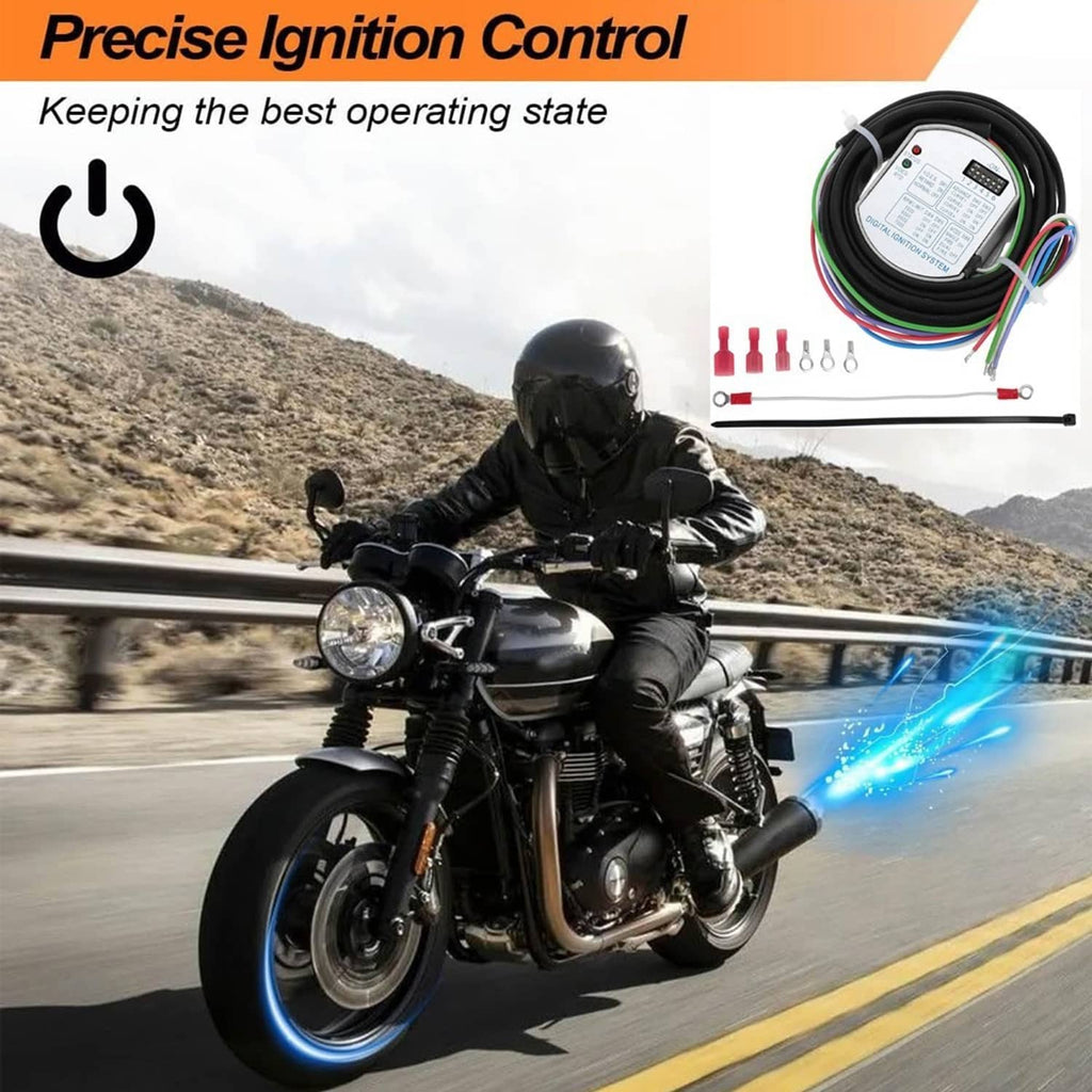 Motorcycle with electronic ignition control module kit, featuring coiled wiring inset