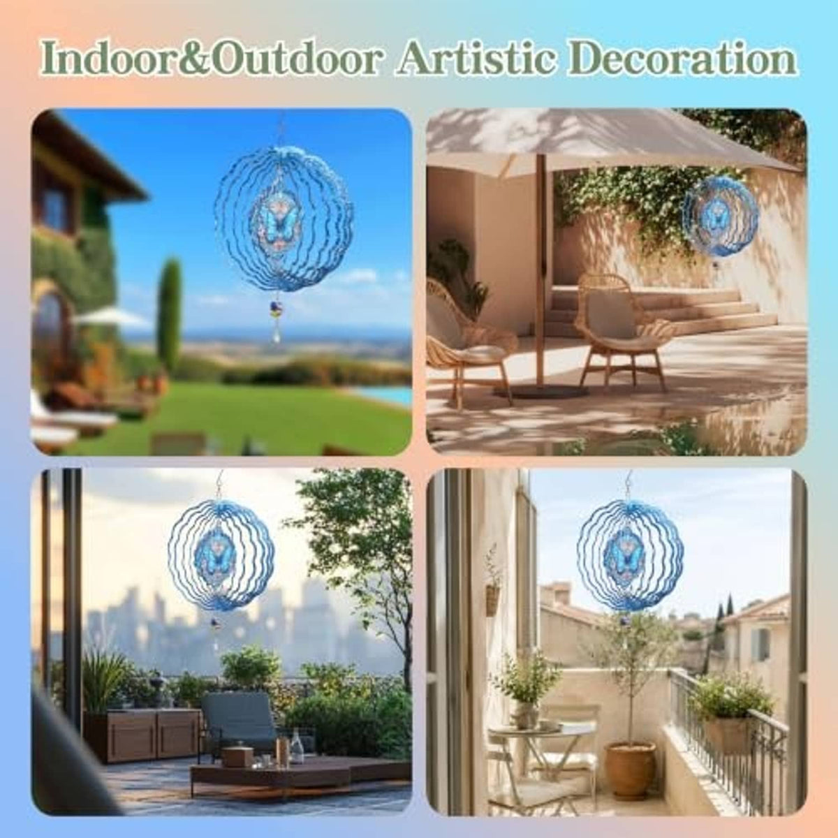 Blue butterfly outdoor wind spinner hanging from hook with rainbow crystal pendant