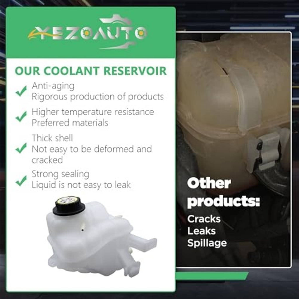 White coolant reservoir with black cap shown next to engine bay area