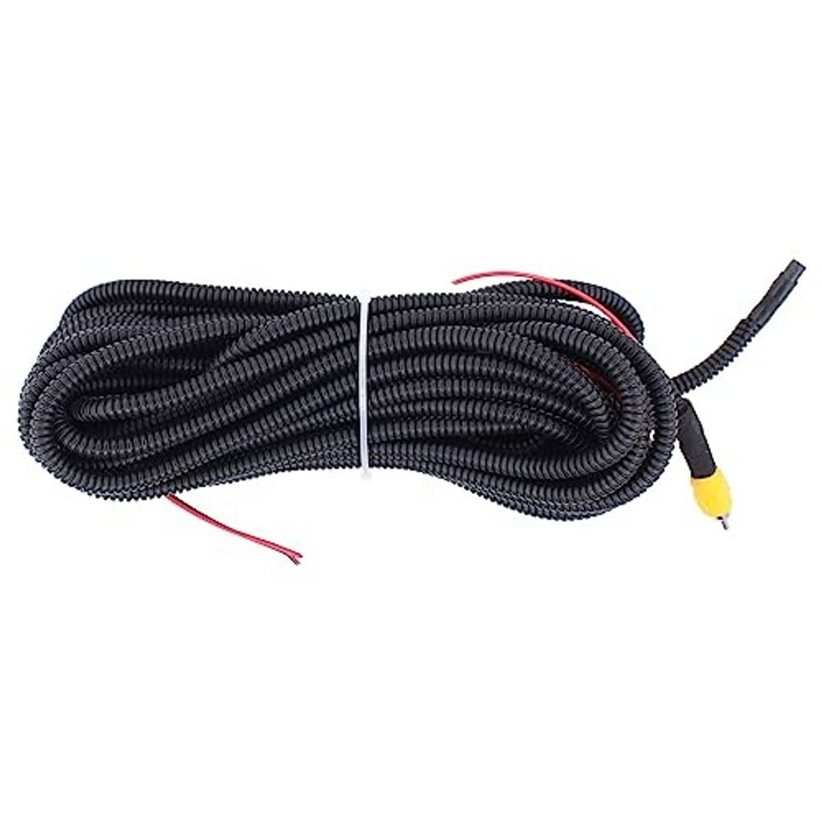 Coiled black cable harness with red wire ends and yellow-tipped connector