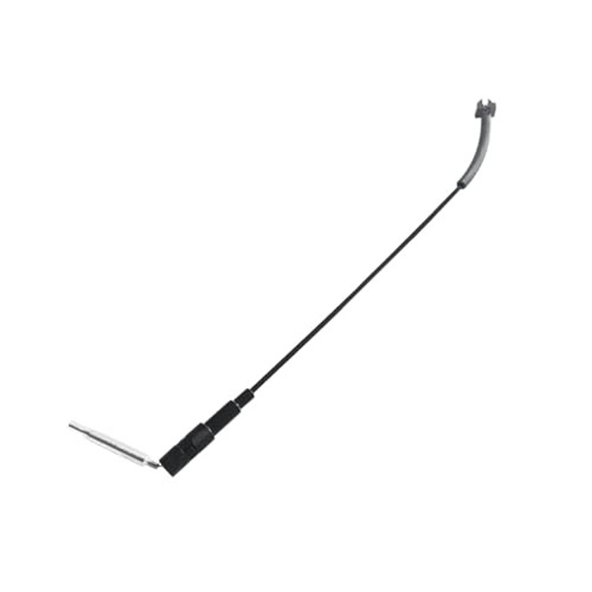 Front seat release cable with black housing, silver metal hook end, slight curve.