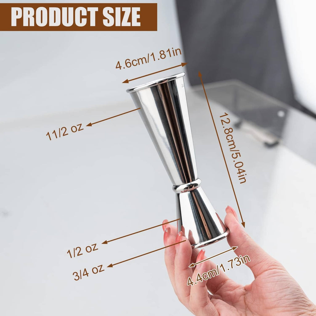 Stainless steel jigger with dual-side measurement markings for bartending