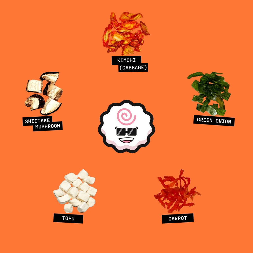 Dried ramen toppings mix ingredients: kimchi, shiitake mushroom, green onion, tofu, carrot