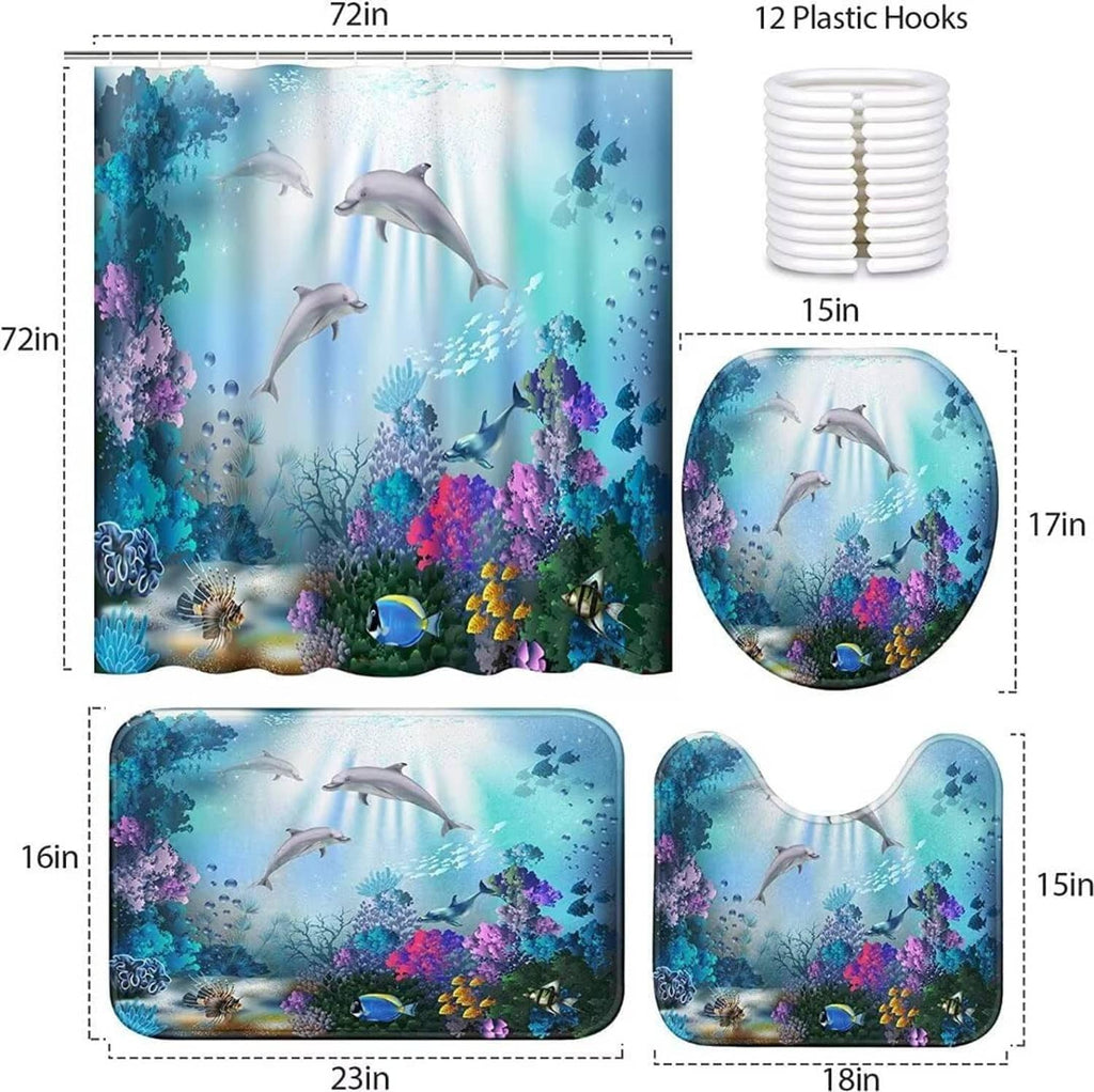 Sea dolphin shower curtain set layout with 12 plastic hooks and bath mat measurements