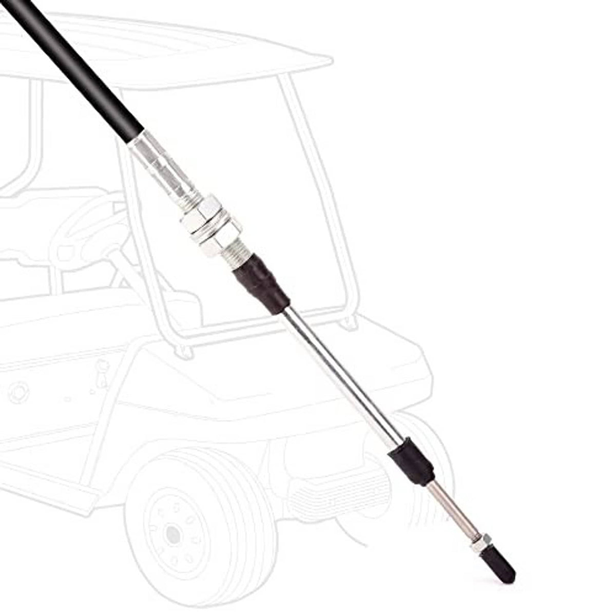 Close-up golf cart shift cable showing clear coupling and black cable ends