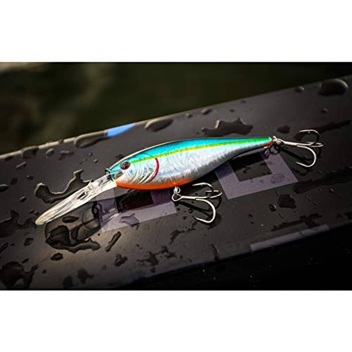 Silver-blue crankbait lure with treble hooks on wet dark surface